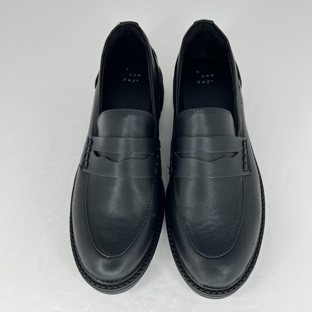 A New Day Womens Penny Black Faux Leather Classic Slip On Block Size 9 Loafers - Picture 4 of 9